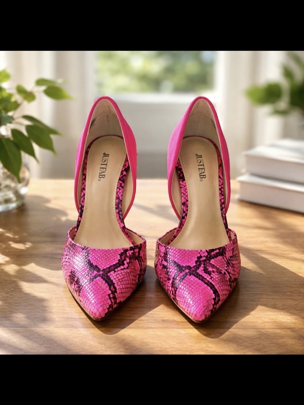 JustFab Pink Snake-Print Pointed-Toe D'Orsay Pumps